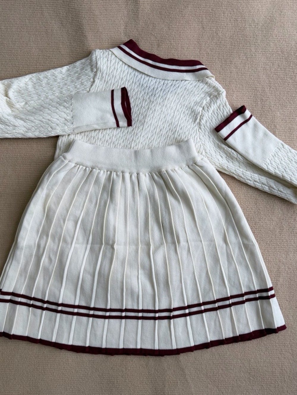Polo by Ralph Lauren Cream Knit Polo Collar Skirt Set with Maroon Trim - Picture 4 of 8